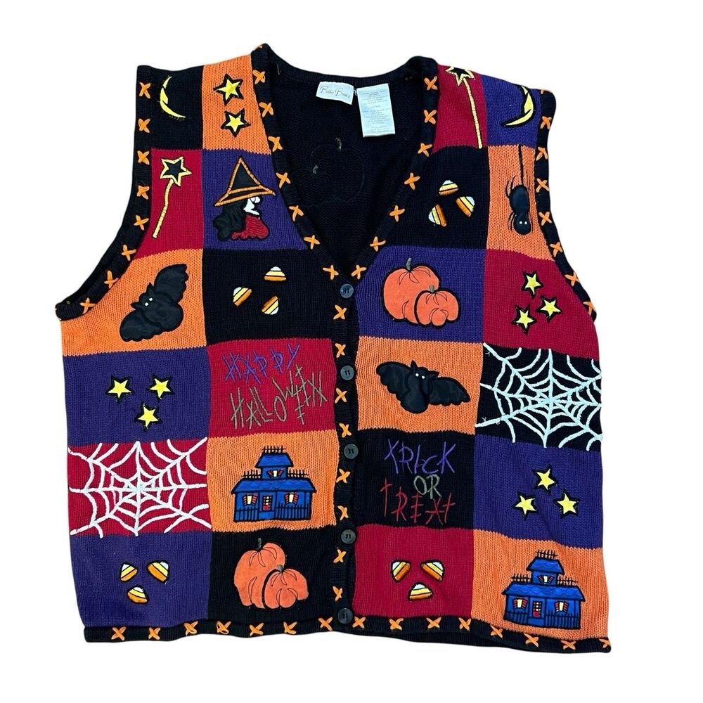 Vintage Bobbie Brooks Halloween Sweater Vest XL Pumpkin Bat Witch Spiderweb 90s